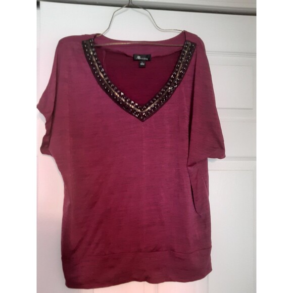 AB Studio Blouse Top Large L Bead V-Neck Short Sleeve Raspberry Red Knit Stretch - Picture 3 of 8
